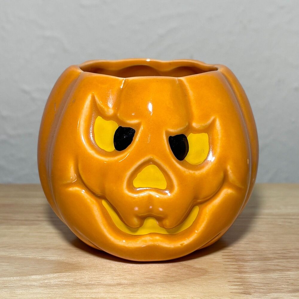 Ceramic Jack O Lantern Pumpkin Halloween Decor Candle Holder Orange 3"